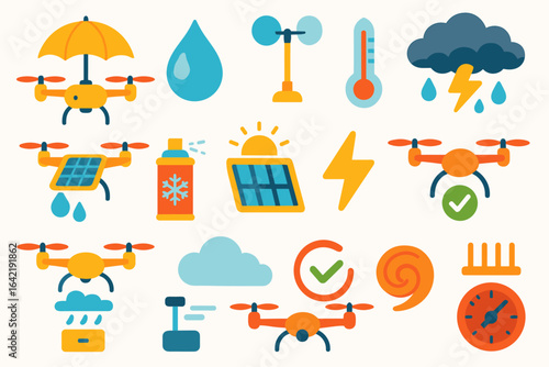 Weather and drone flat icon set. climate, uav monitoring, technology symbols