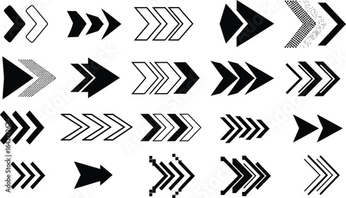 Set of arrows clipart, move, direction icons editable vector illustration. Dashed arrow shapes, arrow head scroll down icons. Open here, right chervon refresh arrows. Directional internet arrows icon.