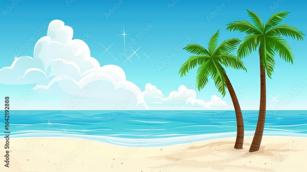 Obraz premium Discover paradise on this tropical beach, where white sand meets crystalclear waters beneath swaying palm trees.