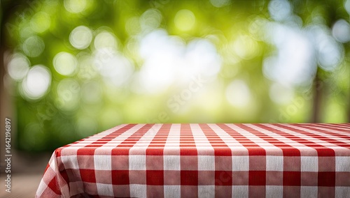 Red and white checkered tablecloth on a table outdoors with a blurred background of greenery.