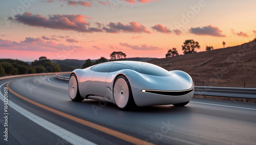 Futuristic white car driving on a road at sunset