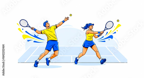 Dynamic tennis action showcasing powerful serves and backhands with vibrant energy capturing the essence of competitive sportsmanship on the court demonstrating skill and precision