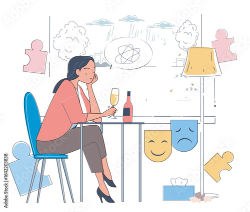 Sad woman sitting alone with a drink at a table, thinking with a distressed look, cloudy and rainy weather outside the window, emotional stress concept. Vector illustration