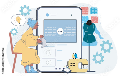 Elderly woman sewing fabric beside a giant smartphone interface, surrounded by sewing tools, mannequin, and gears on a white background. Concept of digital tailoring. Vector illustration