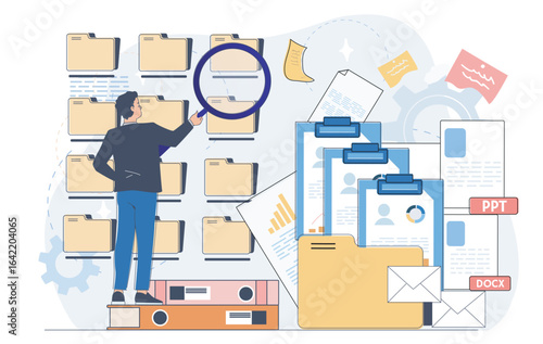 Businessman holding magnifying glass to search folders on wall, surrounded by documents, charts, and files on abstract blue background. Concept of data management. Vector illustration