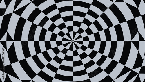 Abstract geometric pattern with circular and angular elements in black and white