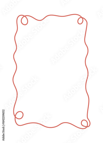 Red wavy rope forming a rectangular frame with loops at each corner, minimalistic graphic style, isolated on white background. Concept of decoration and border. Vector illustration
