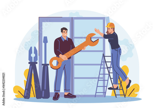 Two workers using oversized tools fixing a window frame, flat cartoon style, on a white background with abstract shapes and plants. Concept of cooperation. Vector illustration
