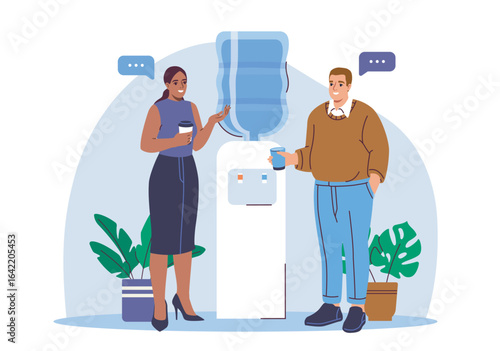 Two office coworkers talking and drinking near a water cooler, flat graphic style, indoor office background with plants, concept of casual workplace interaction. Vector illustration