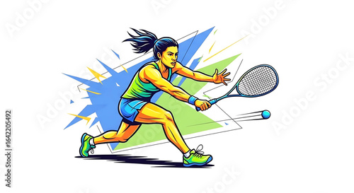 Dynamic artwork capturing a female tennis player in action, highlighting her energy and skill as she strikes the ball with determination and athletic prowess in a vibrant scene