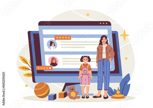 A woman and child standing near a large screen displaying babysitter profiles with star ratings, in flat cartoon style on a white background. Concept of childcare service. Vector illustration