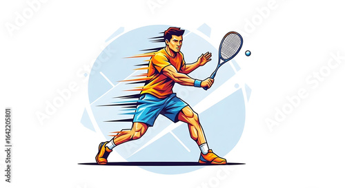Dynamic tennis player illustration with stylized speed lines showcasing athleticism and movement in a vibrant and energetic pose ready to hit the tennis ball