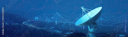 Futuristic cityscape with a large satellite dish