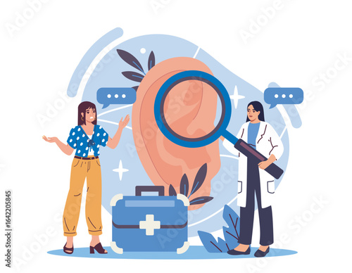 Female doctor examining a large ear illustration with magnifying glass while talking to a patient, flat cartoon style on white background. Concept of hearing care. Vector illustration