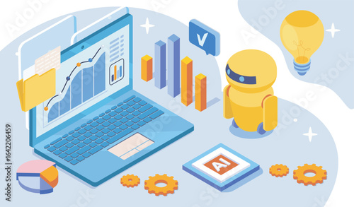 Yellow robot with AI book near laptop showing analytics graphs and charts, surrounded by gears and diagrams on light background. Concept of artificial intelligence. Vector illustration