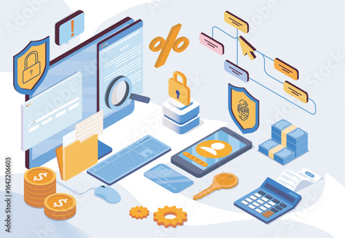 Digital security and financial technology tools shown in isometric style on a light background, representing online data protection and banking system. Vector illustration