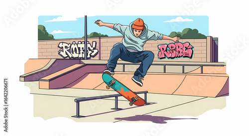 Dynamic skateboarding illustration capturing a young skater executing a trick in a vibrant skate park with urban art elements, showcasing athleticism and youthful energy