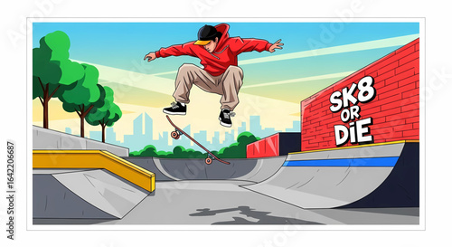 A skater performs a trick in an urban skatepark illustration, set against a skyline and featuring a brick wall with graffiti art adding to the energetic atmosphere, capturing the thrill of