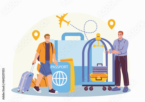 A man arriving at a hotel with luggage, greeted by a bellhop, with passport, suitcases, airplane and location icons on a light background. Vector illustration
