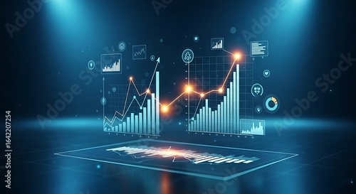 Fototapeta kuchenna Data correlation concept. Two different line graphs are shown, and as one rises, so does the other, with a glowing line connecting them.