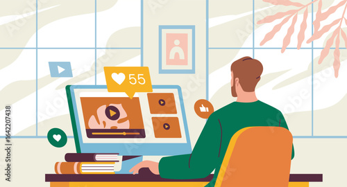 A man sitting at a desk watching online videos on a computer, with social media like and love icons around, in flat style on indoor background. Concept of social media. Vector illustration