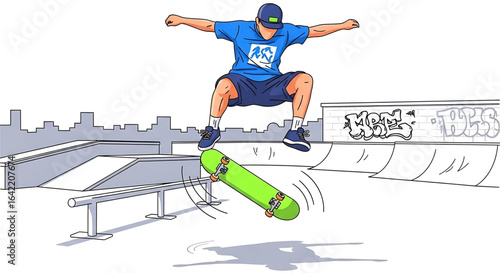 Skateboarder performing a trick in a skatepark with ramps and rail, illustrated in a dynamic and expressive line art style, showcasing youthful energy and urban culture