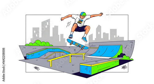 Elevated skateboarding illustration featuring a dynamic pose against an urban backdrop showcasing a vibrant skatepark with various obstacles creating an energetic scene