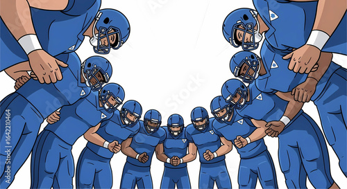 Blue Brigade: A United Circle of Football Teammates Displaying Teamwork and Solidarity Emphasizing Cooperation and Unity Representing Strength and Determination in Sports Illustration