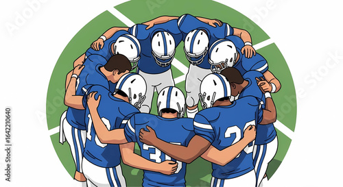 A cohesive huddle of resolute american football players united in team spirit demonstrating collaboration and strategic planning on the field displaying determination and focus