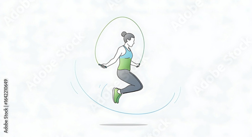 Animated fitness jump rope activity illustration portraying an energetic woman training for cardiovascular fitness, with a simple clean background and illustrative style