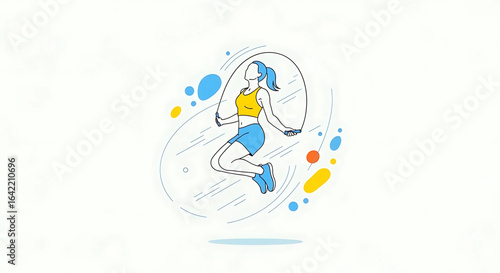 Dynamic vitality: A stylized depiction of a woman energized by jumping rope embracing wellness and athletic energy through modern minimalist design and vibrant pops of color