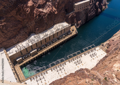 View down the gorge to Hoover Dam power station by the Colorado river