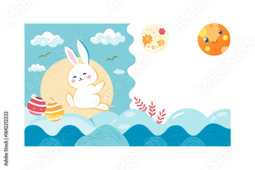Cute black rabbit character sitting on a crescent moon with colorful lanterns and planets