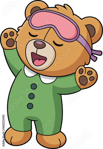 Cartoon bear in green onesie, pink sleep mask, yawning pose, bedtime theme, cute animal character, children’s illustration, sleepy mascot