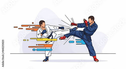 Dynamic martial arts encounter showcasing combatants engaged in a high-energy kicking exchange displaying power and precision in their stylized stances amidst colorful accents
