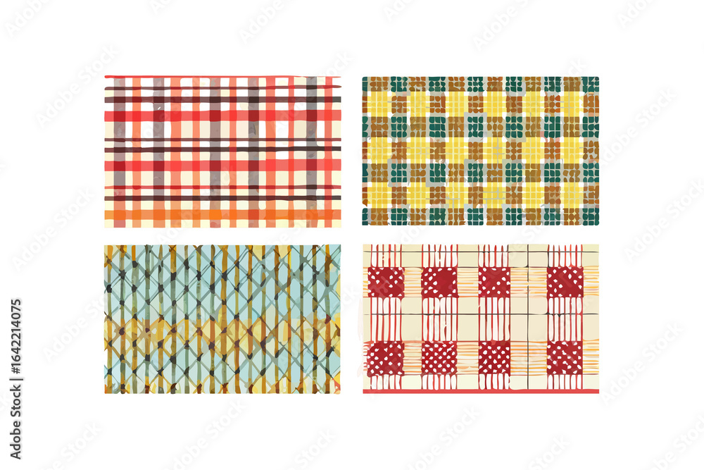 Fototapeta premium Four different plaid fabric patterns in a collage on a black background