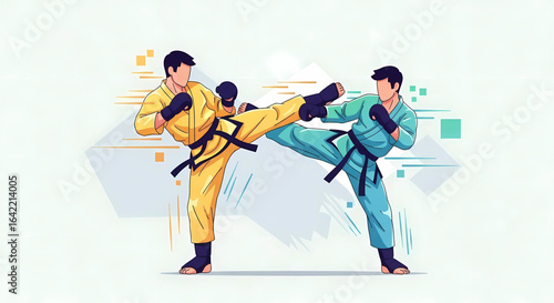 Dynamic martial arts encounter showcasing agility and precision in combat sports emphasizing discipline and skillful execution in a stylized vibrant setting