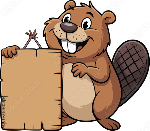 Cartoon beaver holding blank wooden sign, cheerful expression, flat tail, front teeth, rustic forest theme, empty message board