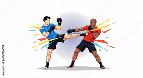 Dynamic martial arts showdown featuring a fighter executing a powerful kick against his opponent amidst a burst of energy and colorful accents in a stylized illustration