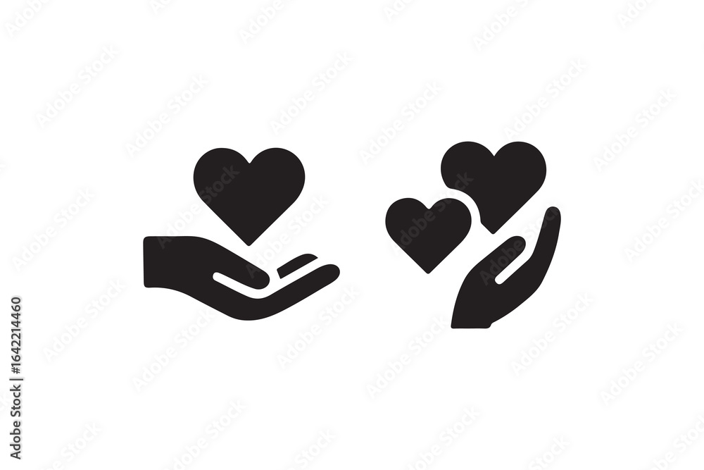 Hands Giving Hearts Icon Set for Love and Charity.Two black icon graphic elements display hands offering hearts. Hands Giving Hearts Icon Set for Love and Charity.Two black icon graphic elements display hands offering hearts.