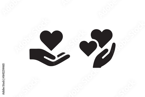Hands Giving Hearts Icon Set for Love and Charity.Two black icon graphic elements display hands offering hearts.