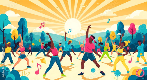 Energetic outdoor group fitness class under a vibrant sun stylized illustration featuring diverse individuals participating in a lively exercise session amidst a cheerful landscape