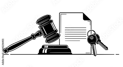 Real Estate Law and Property Auction Legal Documents, Attorney Services, Home Keys, Contract Signing Professional Vector Illustration