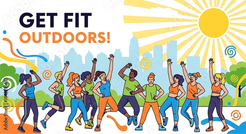 A vibrant illustration showcasing a group of diverse individuals exercising joyfully outdoors against a cityscape backdrop under a radiant sun, promoting fitness and healthy living