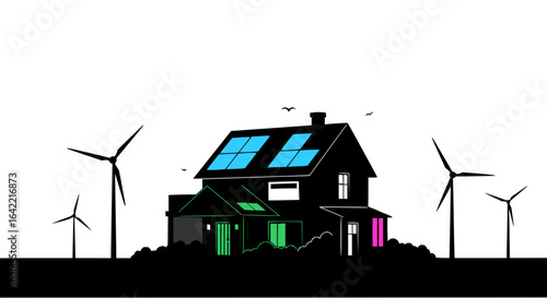 Eco-Friendly Home Solar Panels, Wind Turbines, Sustainable Real Estate, Green Energy Housing Vector Illustration