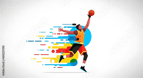 Dynamic Basketball Player Illustration with Vibrant Trailing Lines and Clean Modern Design Depicting Athleticism and Energy in a Fresh Creative Style