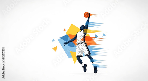 Dynamic basketball action illustration featuring a player mid-air, capturing the intensity and speed of the game with vibrant geometric shapes on a clean white backdrop, showcasing athletic prowess