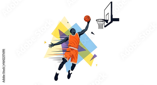 Dynamic basketball action illustration with vibrant geometric shapes creates visual interest and highlights the energy of the athlete's skillful jump shot attempt