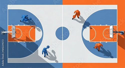 Artistic rendering showcasing two teams engaged in a basketball game within a contemporary and abstract court design highlighting motion and competition