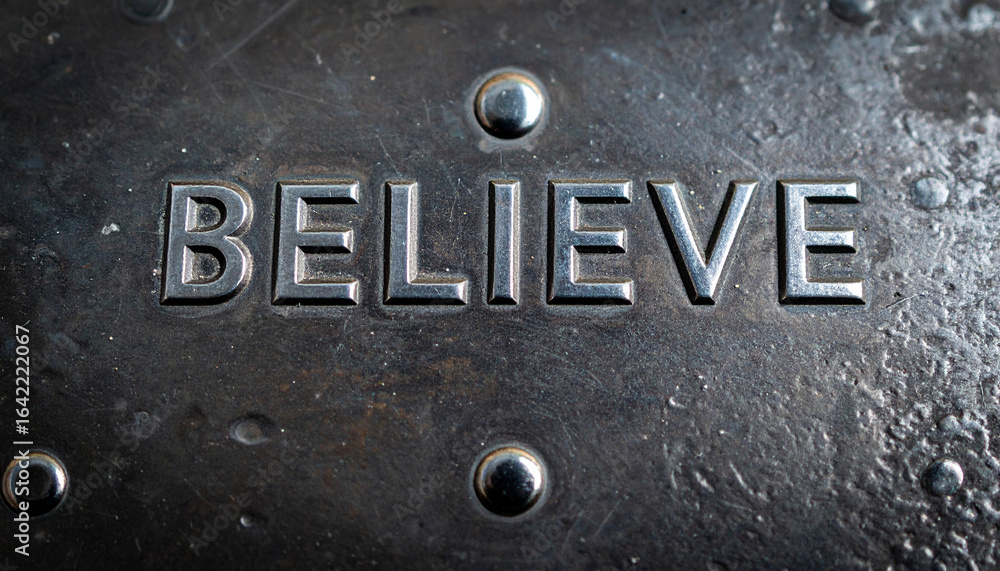 Fototapeta premium Believe in Bold: A close-up shot of the word BELIEVE embossed on a metallic surface, conveying a sense of strength, determination, and conviction.